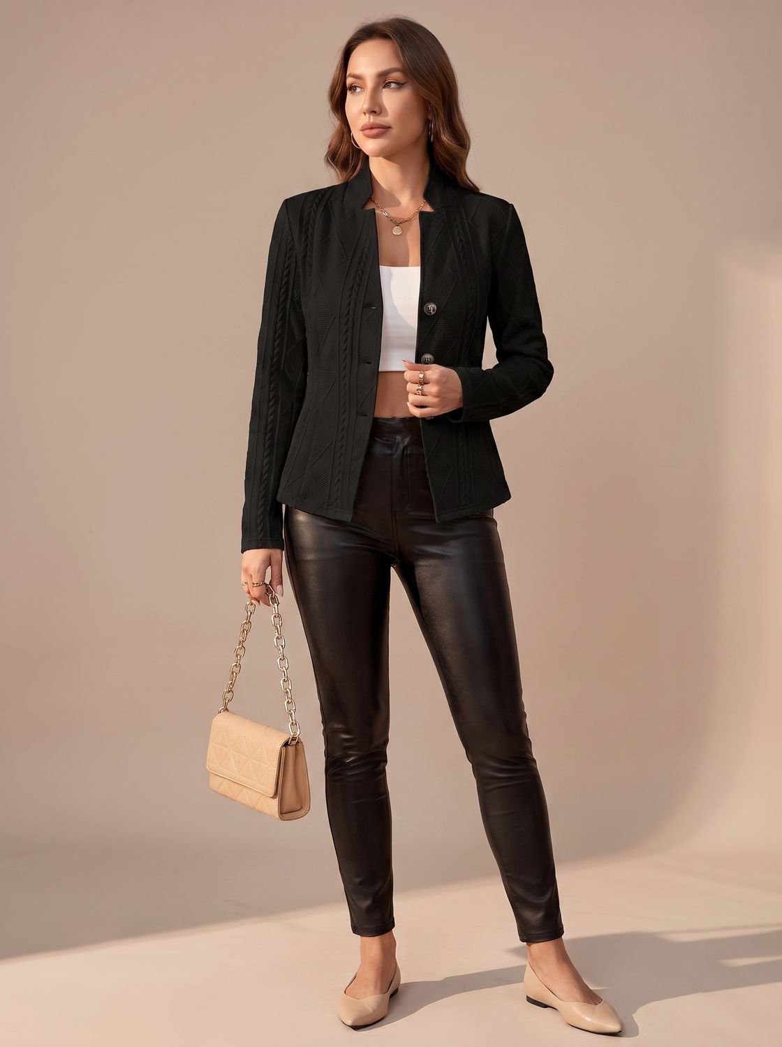 Women's Textured Cable-Stitch Button-Front Cold-Weather Coat – Black