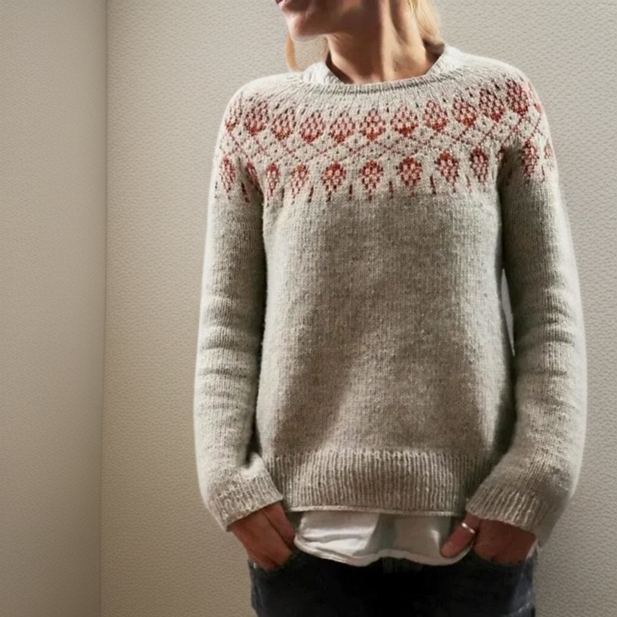 Women's Icelandic Fair Isle Crew-Neck Knit Pullover – Gray