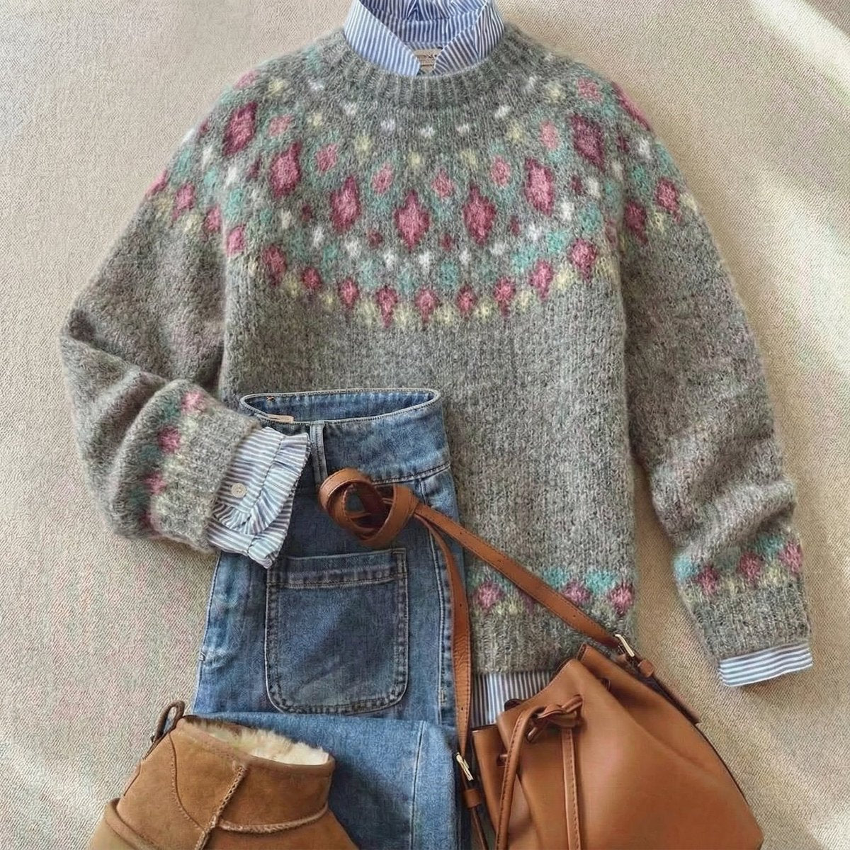Women's Fair Isle Nordic Knit Pullover – Soft Gray Pastel