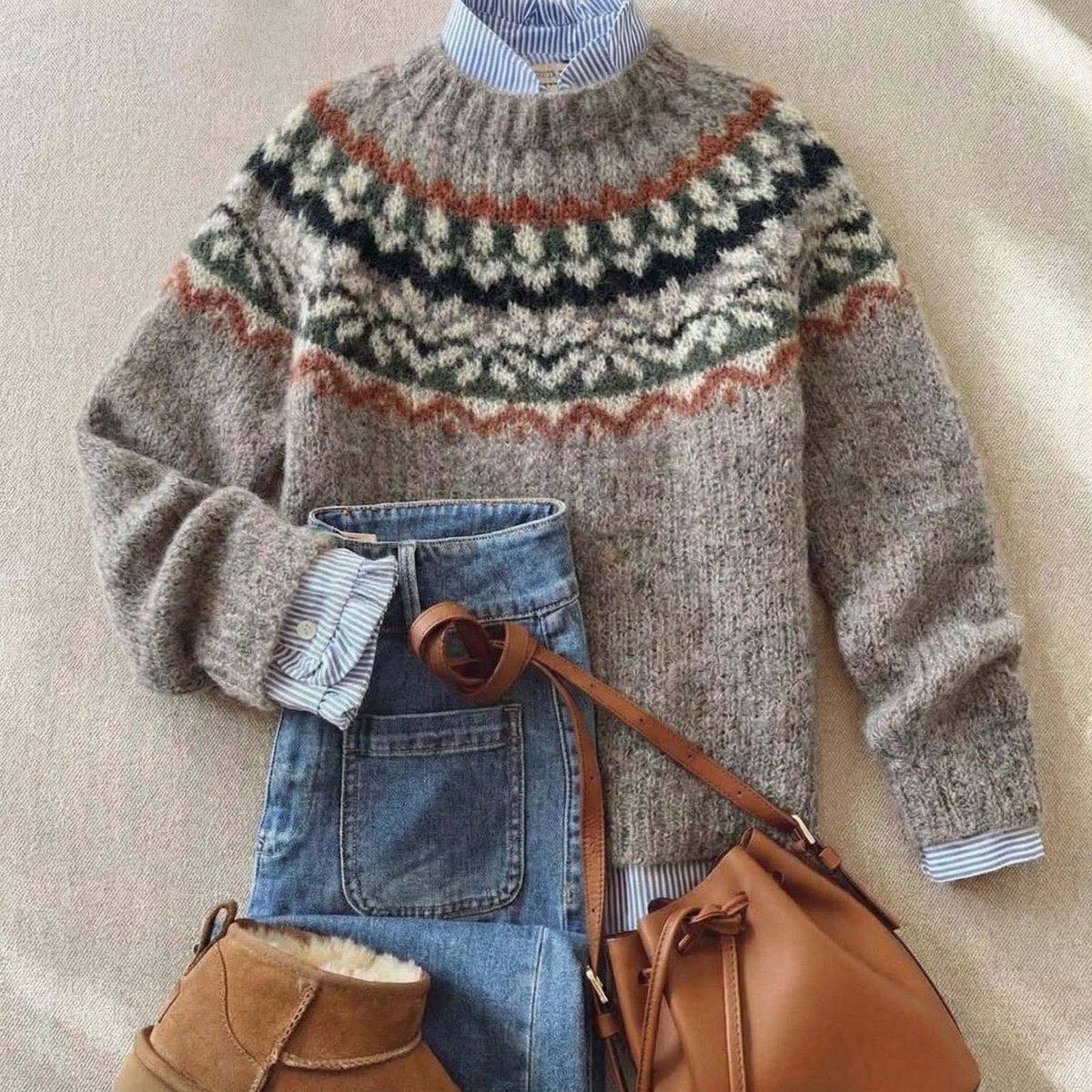 Women's Fair Isle Nordic Knit Pullover – Gray