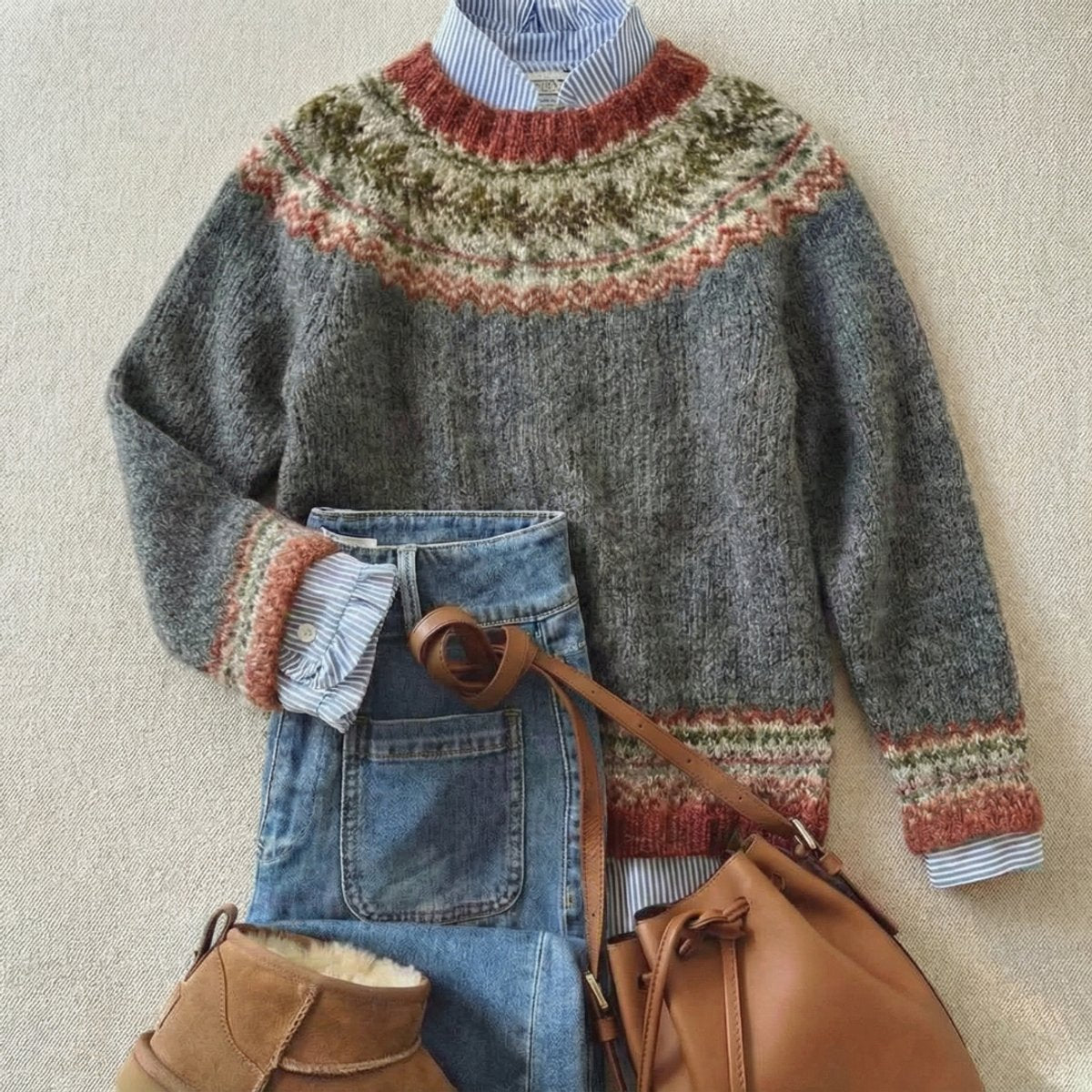 Women's Fair Isle Nordic Knit Pullover – Stone Gray Mix
