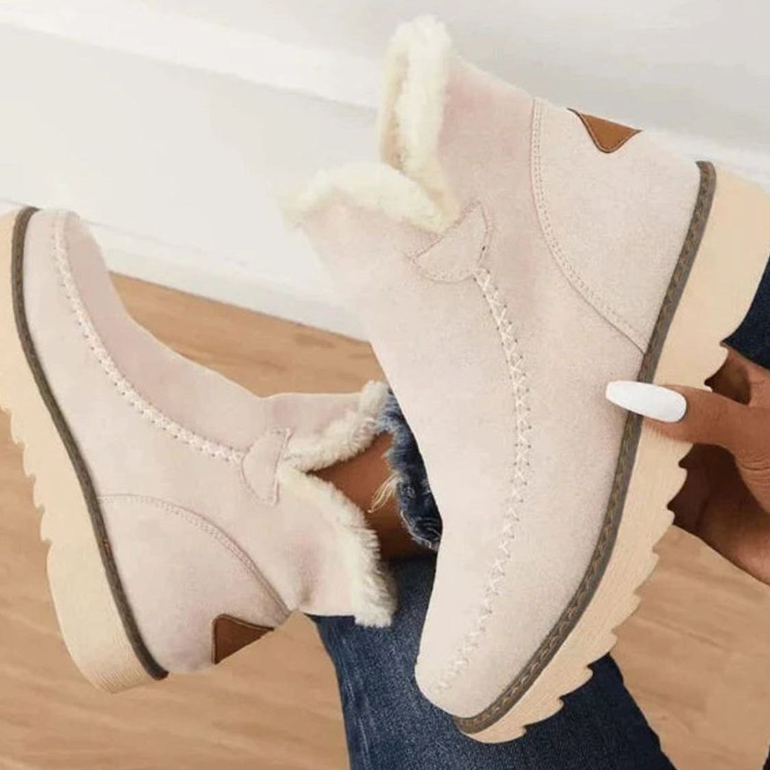 Women's Faux-Fur Lined Easy-On Cold-Weather Booties – Beige