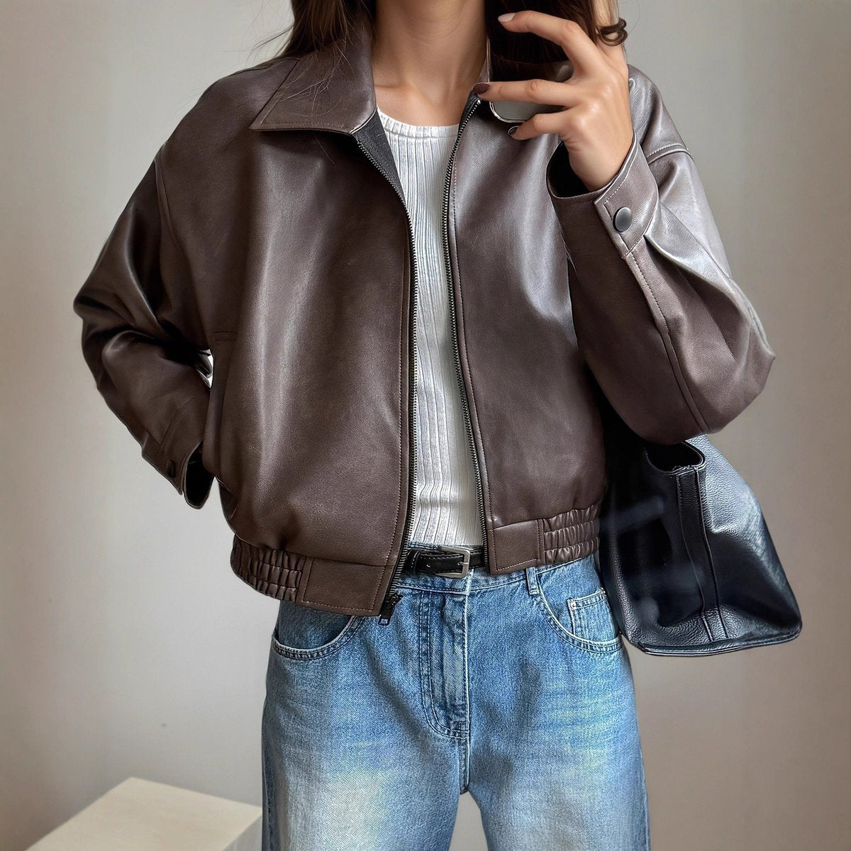 Women's Leather-Look Bomber Jacket – Dark Brown