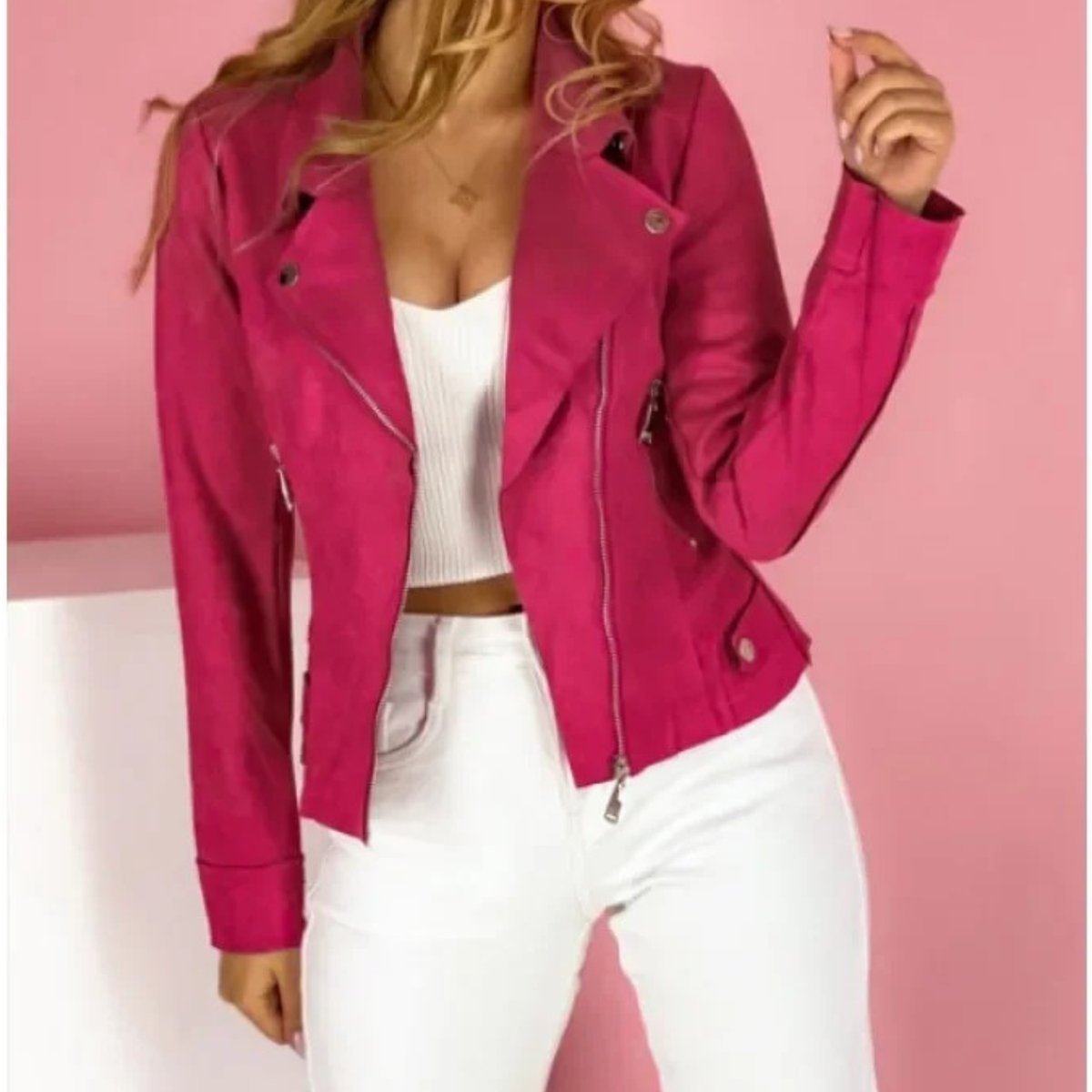 Women's Convertible Collar Faux Leather Jacket for Weekends – Pink