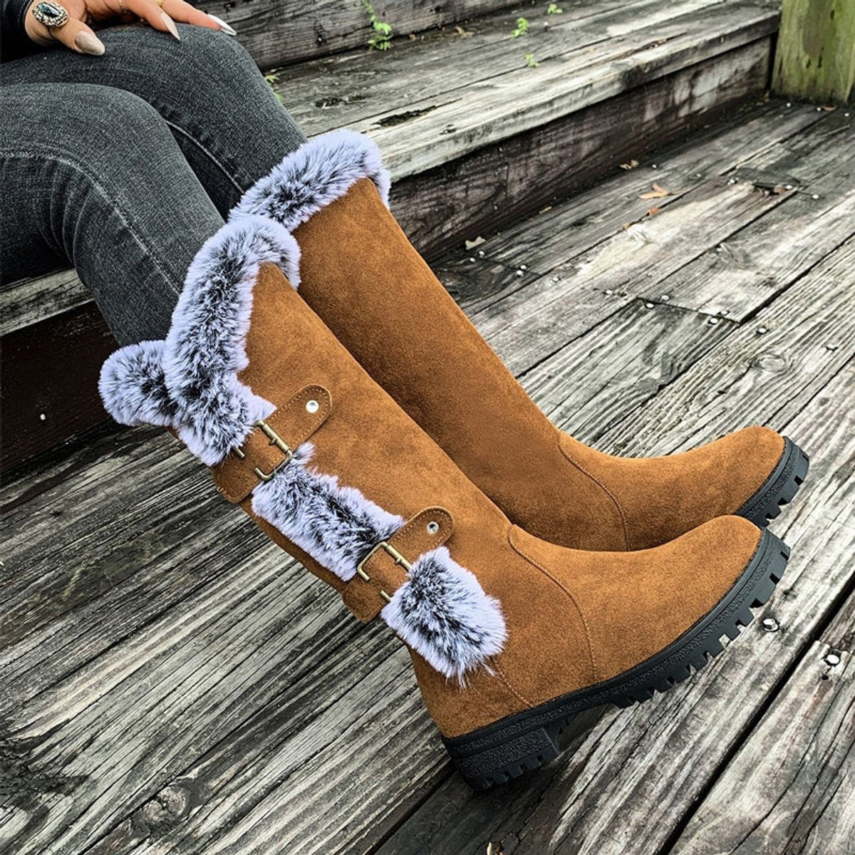 Women's Faux-Suede Fur-Trim Buckle-Detail Knee High Boots – view 1