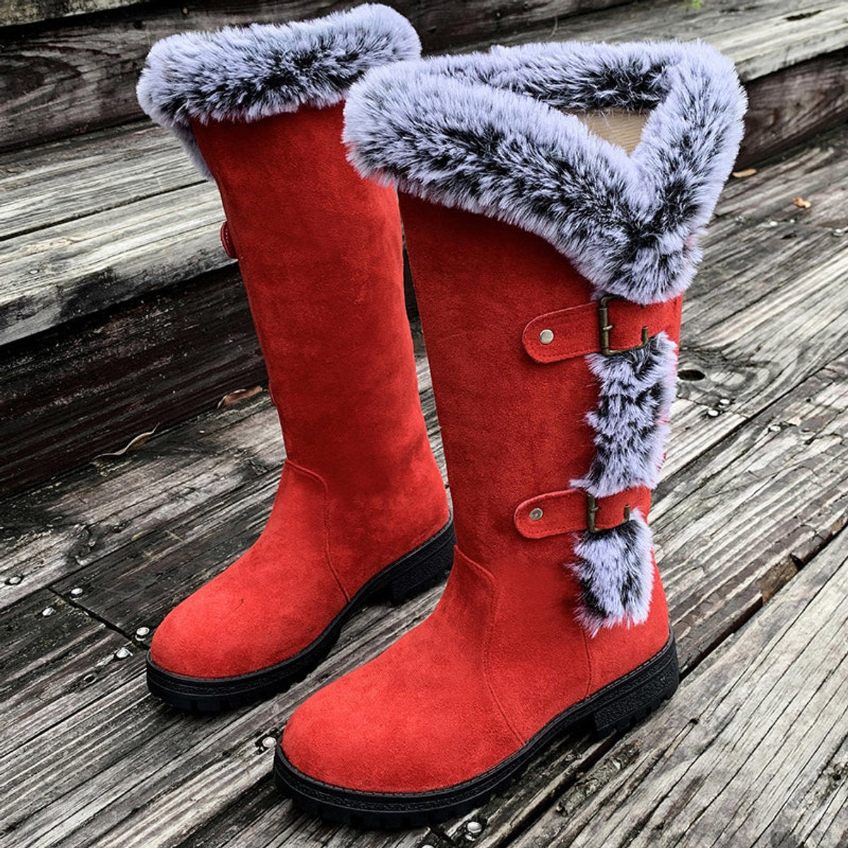 Women's Faux-Suede Fur-Trim Buckle-Detail Knee High Boots – Red