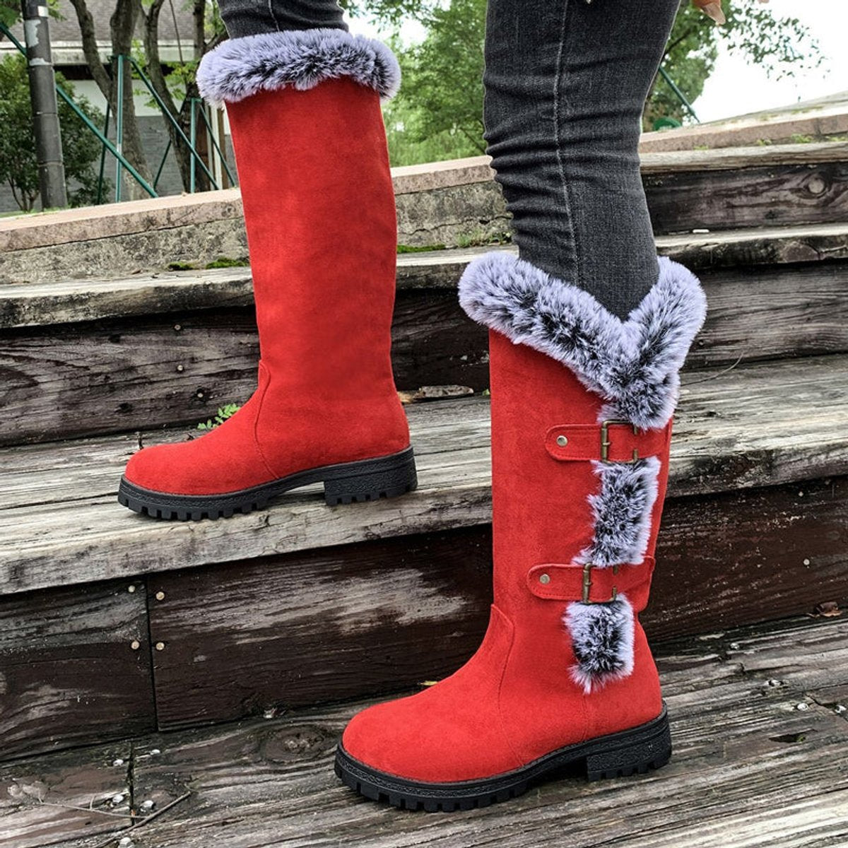 Women's Faux-Suede Fur-Trim Buckle-Detail Knee High Boots – view 2