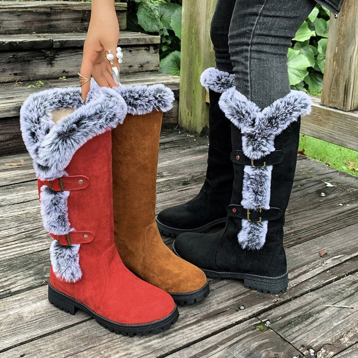 Women's Faux-Suede Fur-Trim Buckle-Detail Knee High Boots – view 3