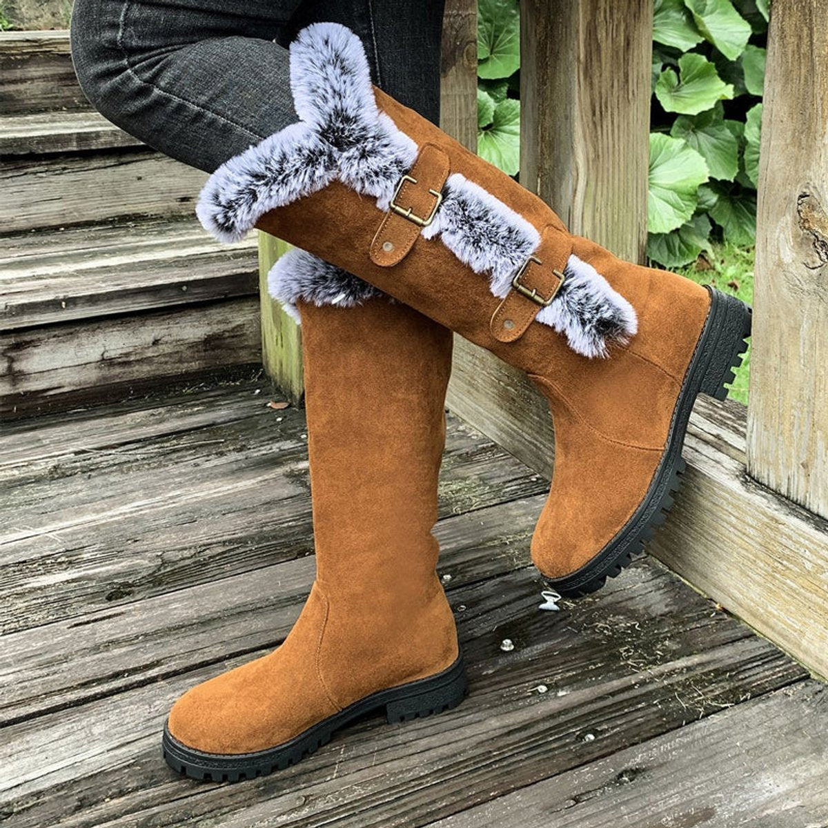 Women's Faux-Suede Fur-Trim Buckle-Detail Knee High Boots – view 4