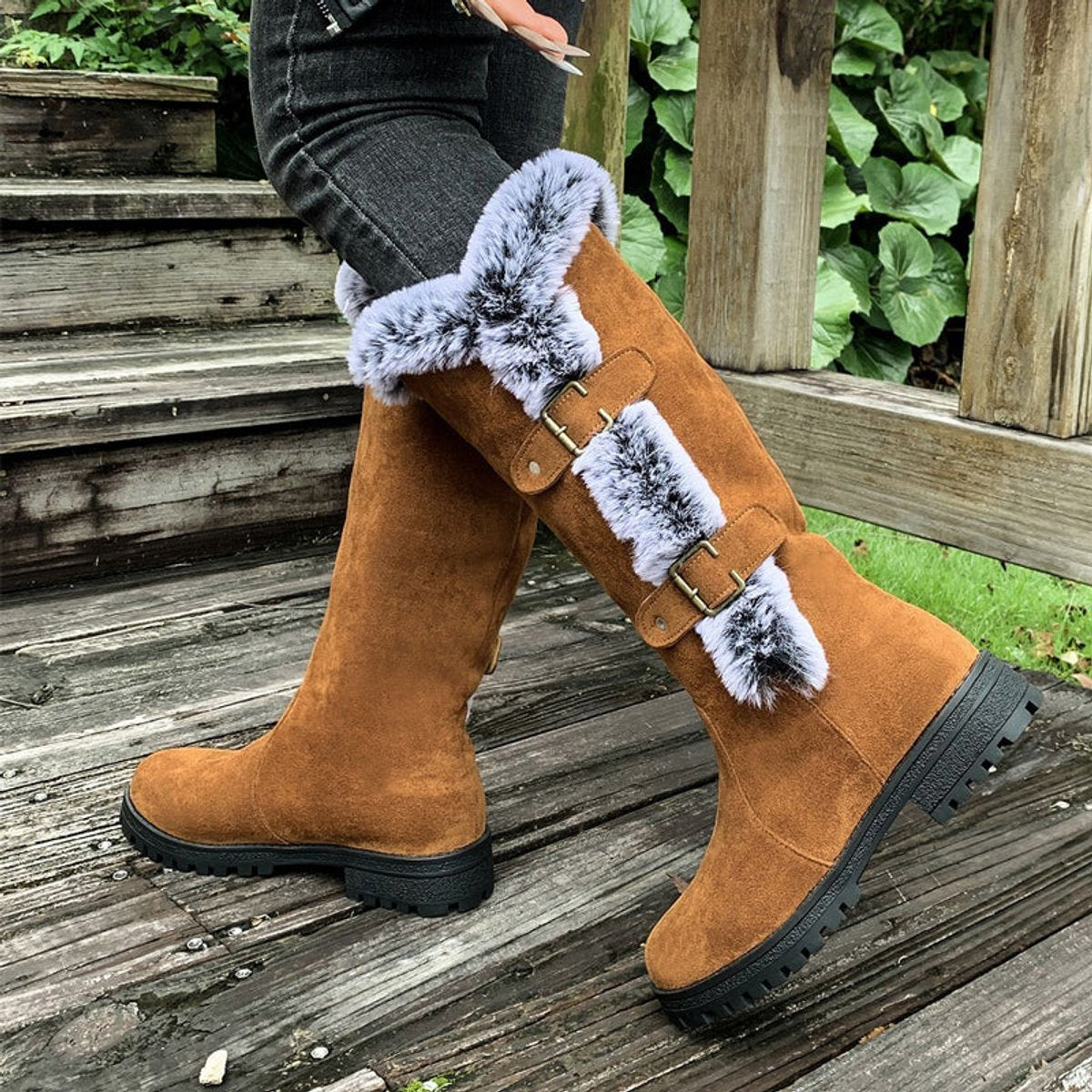 Women's Faux-Suede Fur-Trim Buckle-Detail Knee High Boots – view 5