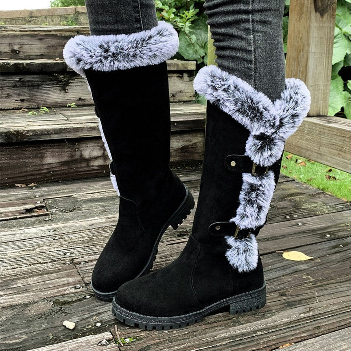 Women's Faux-Suede Fur-Trim Buckle-Detail Knee High Boots – Black