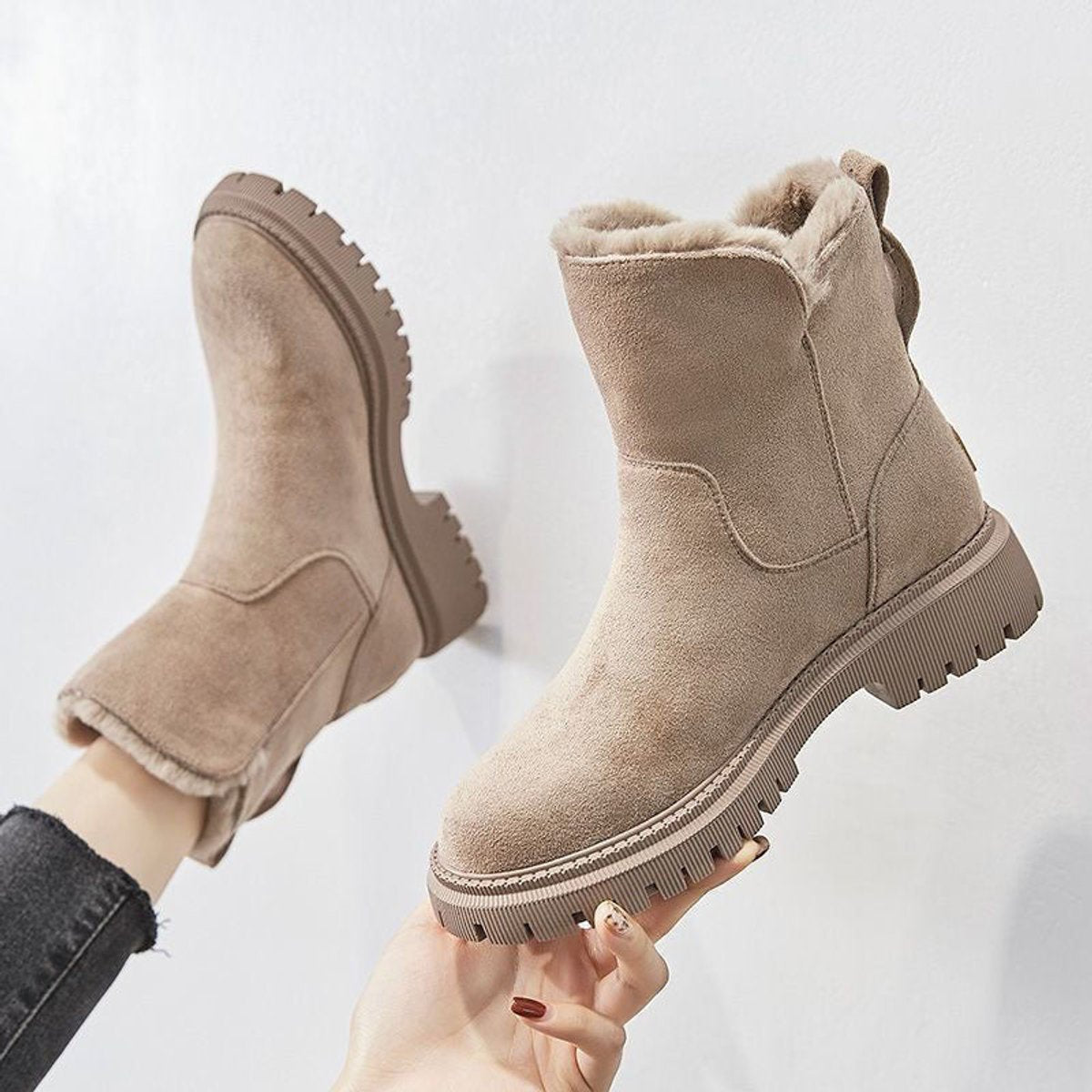 Women's Fleece-Backed Suede-Finish Pull-On Cold-Weather Booties – Beige