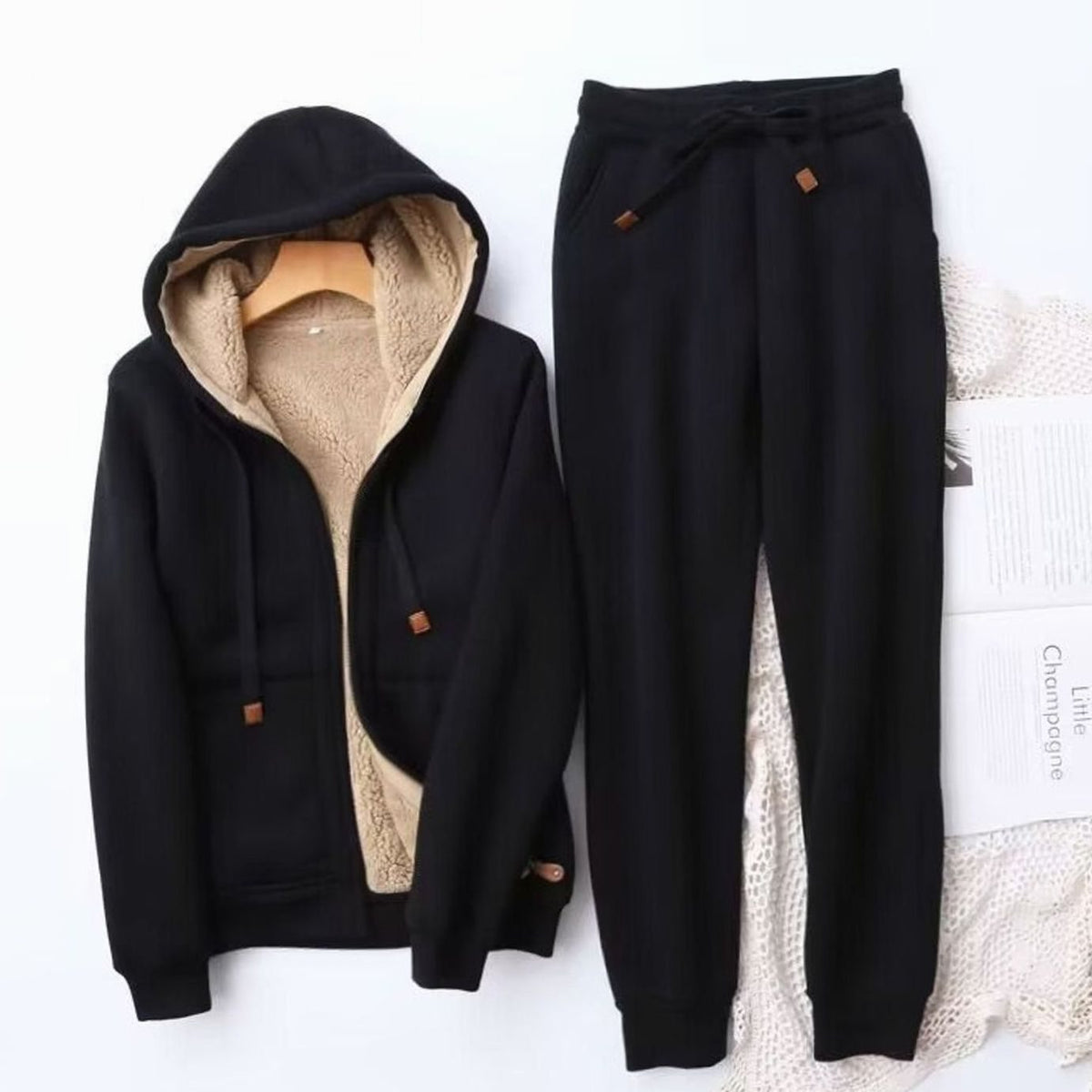 Women's Sherpa-Backed Hoodie and Jogger Set – Black