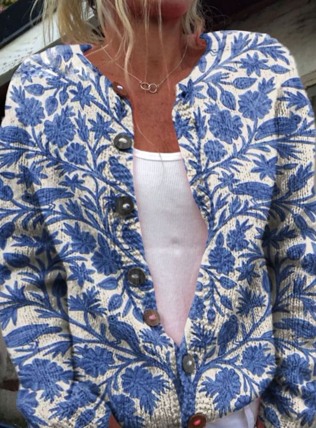 Women's Flower-Print Button-Front Long-Sleeve Knit Cardigan – Blue