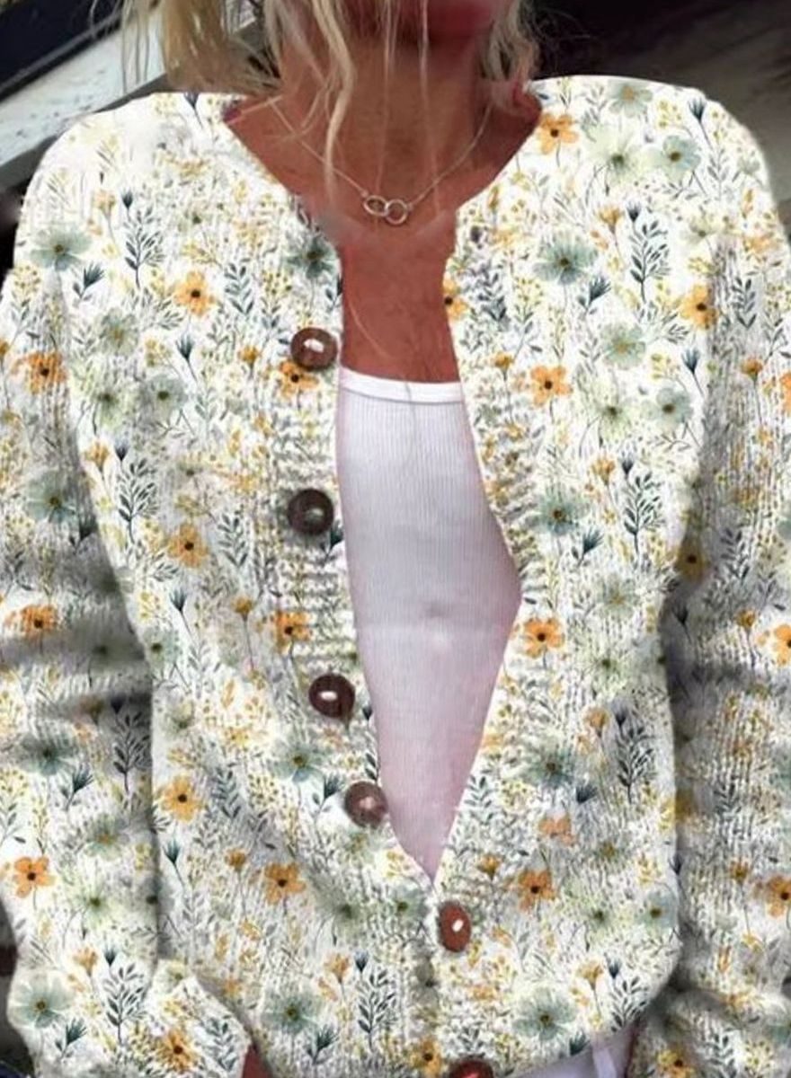 Women's Flower-Print Button-Front Long-Sleeve Knit Cardigan – White