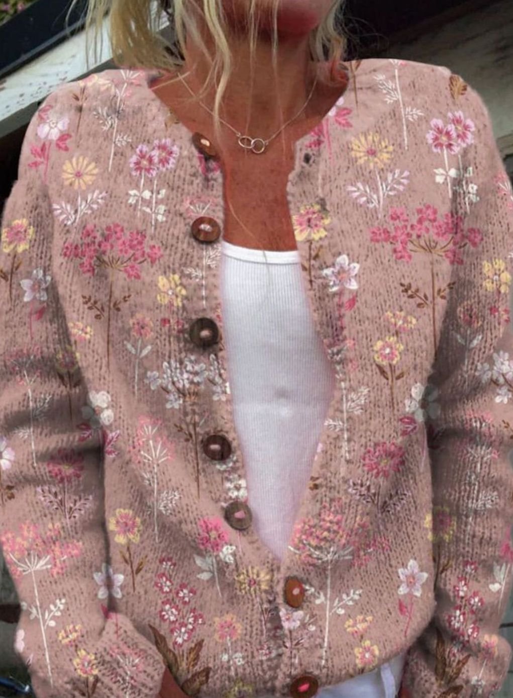 Women's Flower-Print Button-Front Long-Sleeve Knit Cardigan – Pink