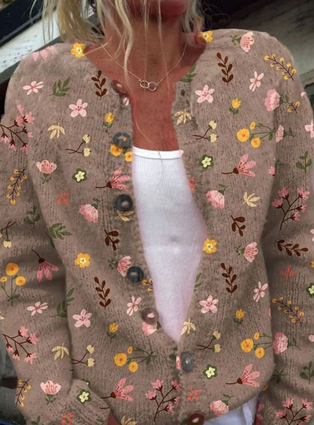 Women's Flower-Print Button-Front Long-Sleeve Knit Cardigan – Brown