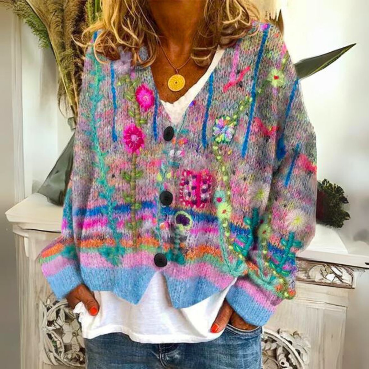 Women's Flower-Print Embroidery-Detail Button-Front Knit Cardigan – Blue