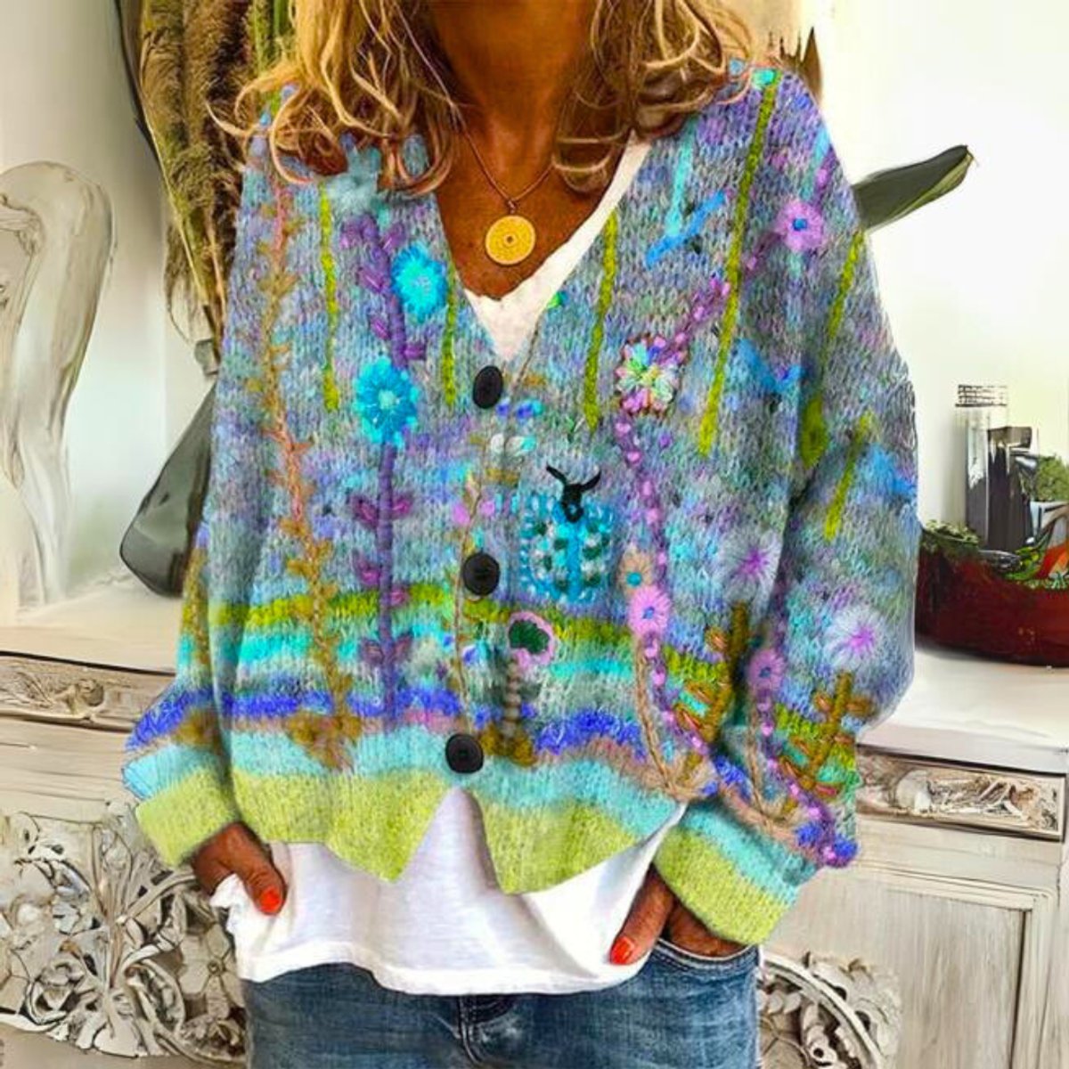 Women's Flower-Print Embroidery-Detail Button-Front Knit Cardigan – Green