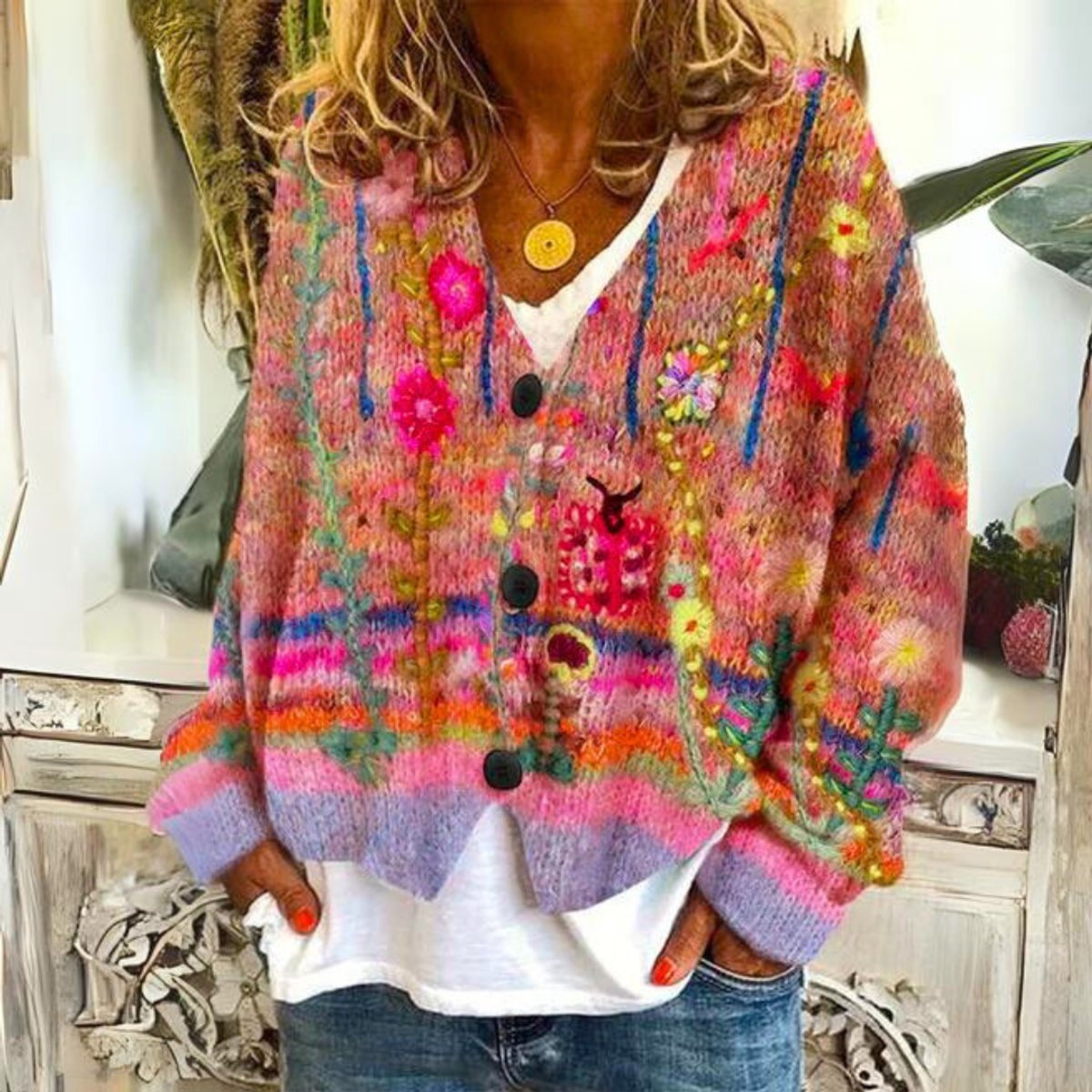 Women's Flower-Print Embroidery-Detail Button-Front Knit Cardigan – Red