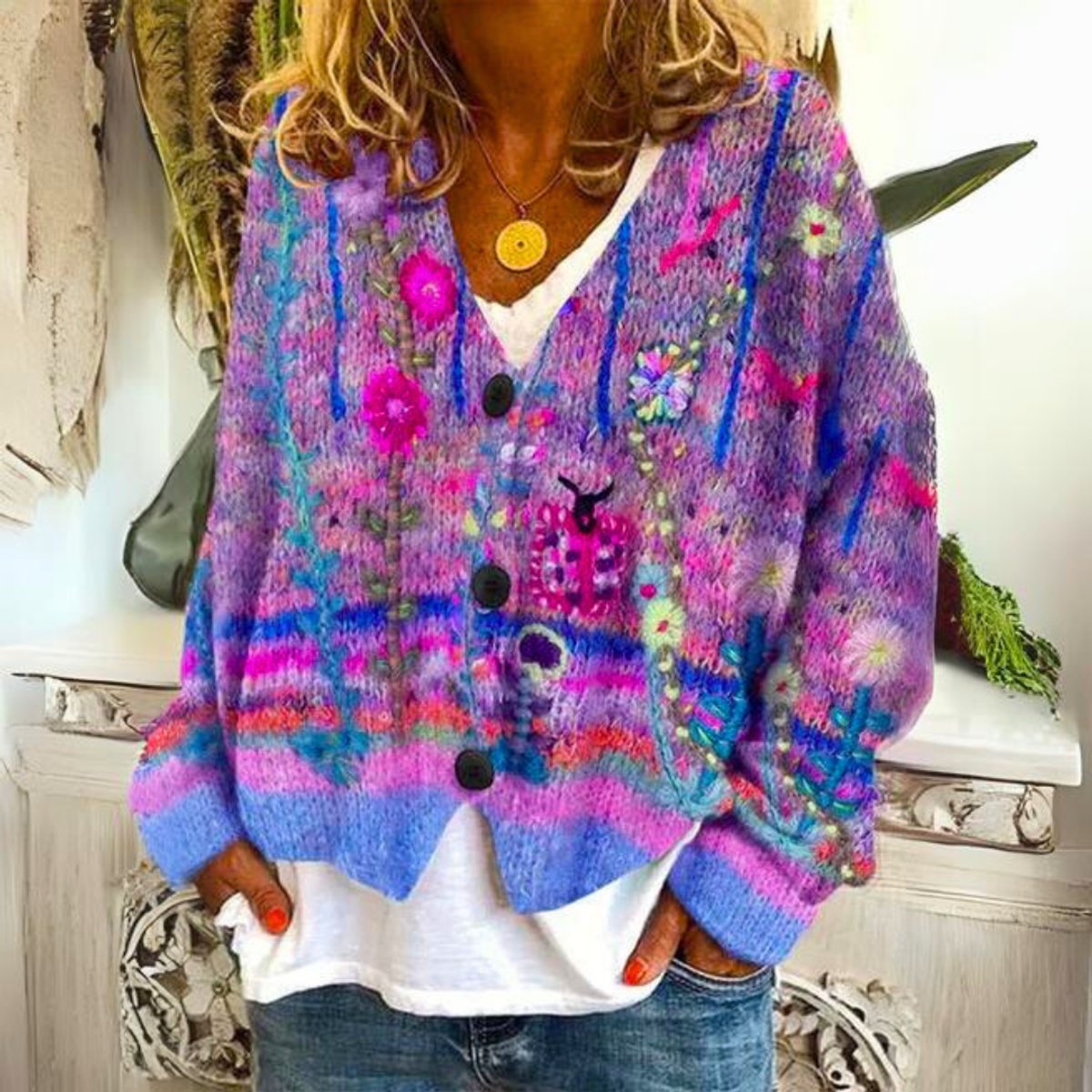 Women's Flower-Print Embroidery-Detail Button-Front Knit Cardigan – Purple