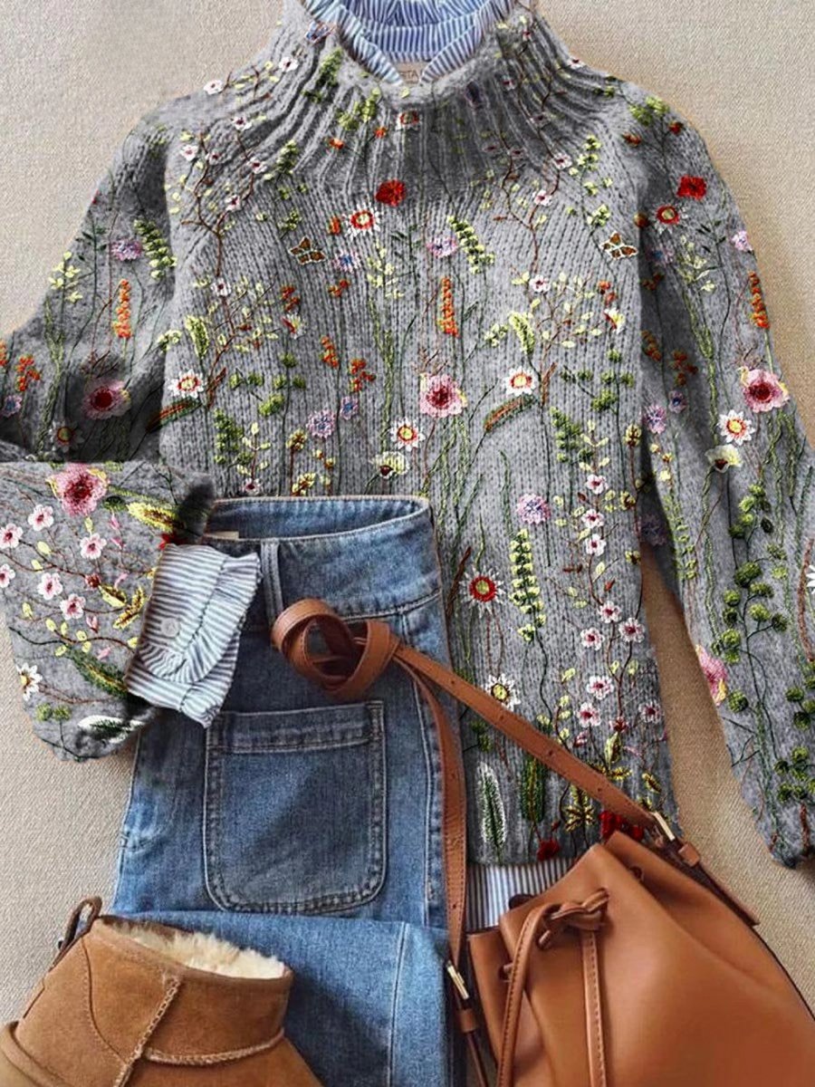 Women's Flower-Print Embroidery-Detail Roll-Neck Sweater Relaxed-Fit Knit Sweater – Multicolor