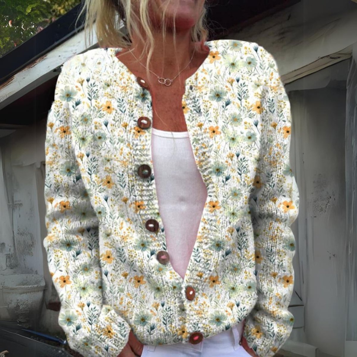 Women's Flower-Print Knit Button-Front Knit Cardigan – Green