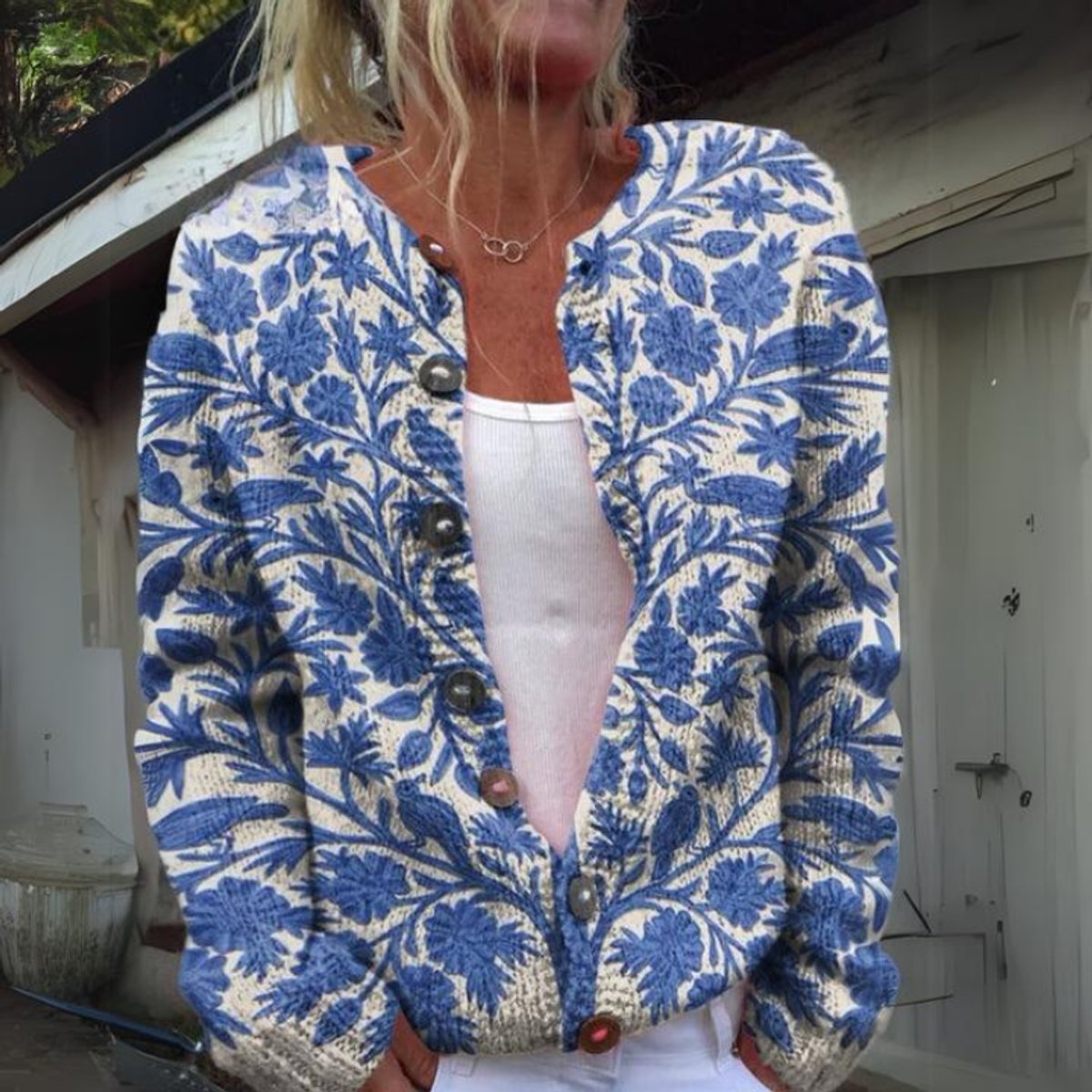 Women's Flower-Print Knit Button-Front Knit Cardigan – Blue