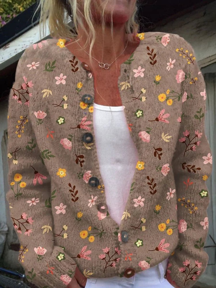 Women's Flower-Print Knit Button-Front Knit Cardigan – Brown