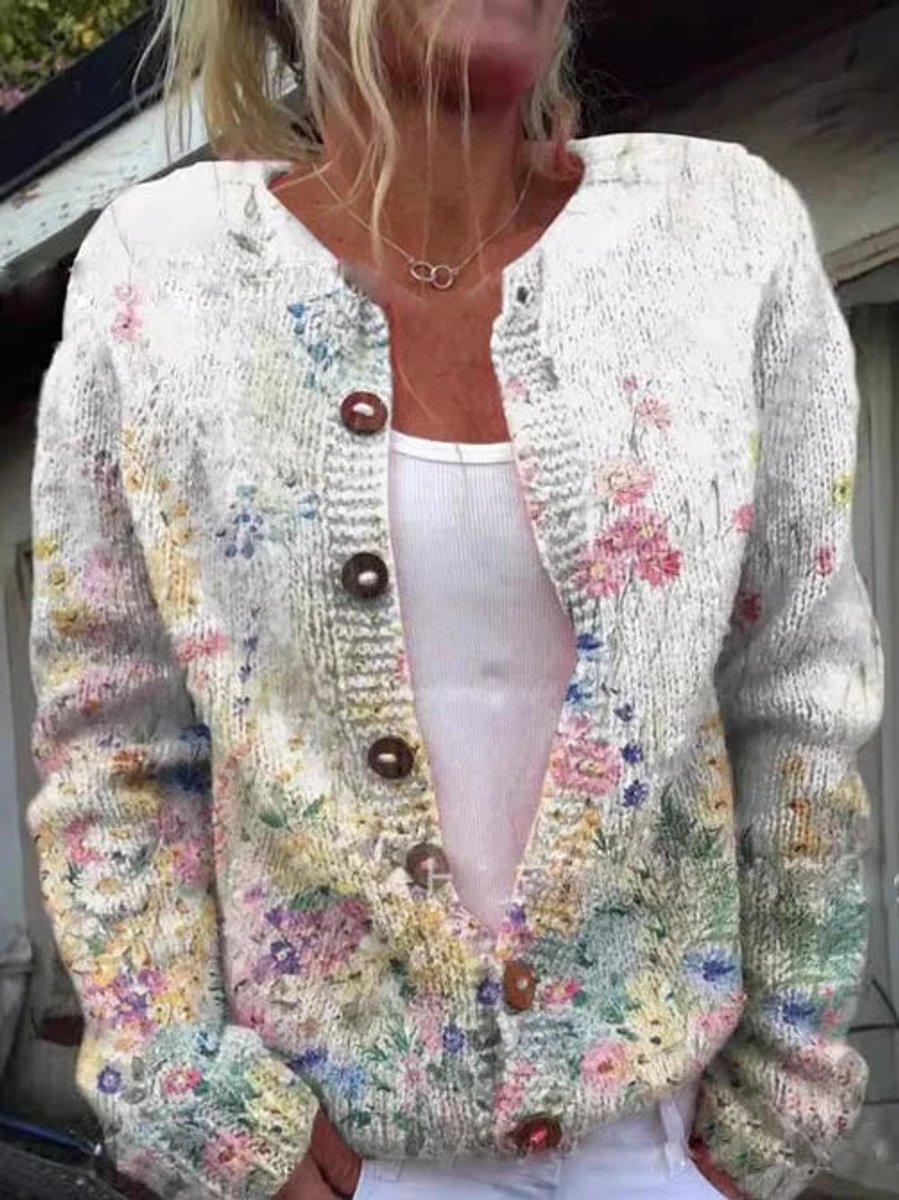 Women's Flower-Print Knit Button-Front Knit Cardigan – White