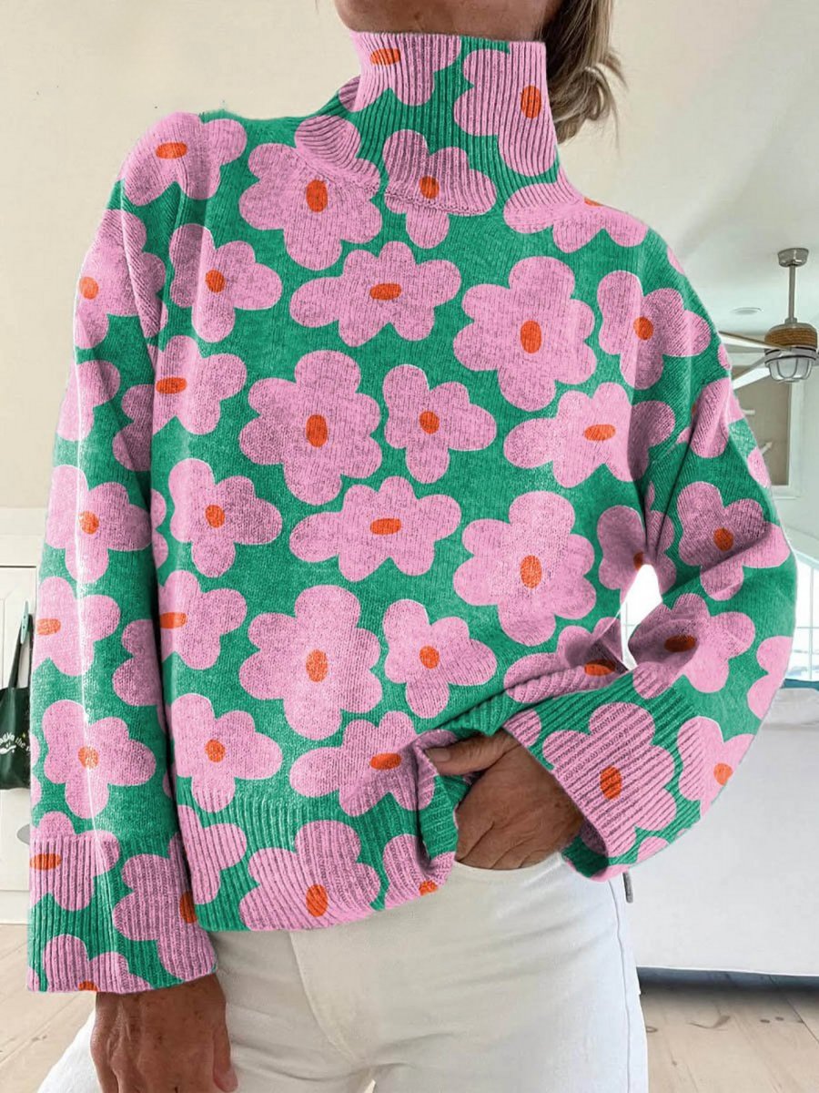 Women's Flower-Print Oversized Roll-Neck Knit Pullover – Multicolor