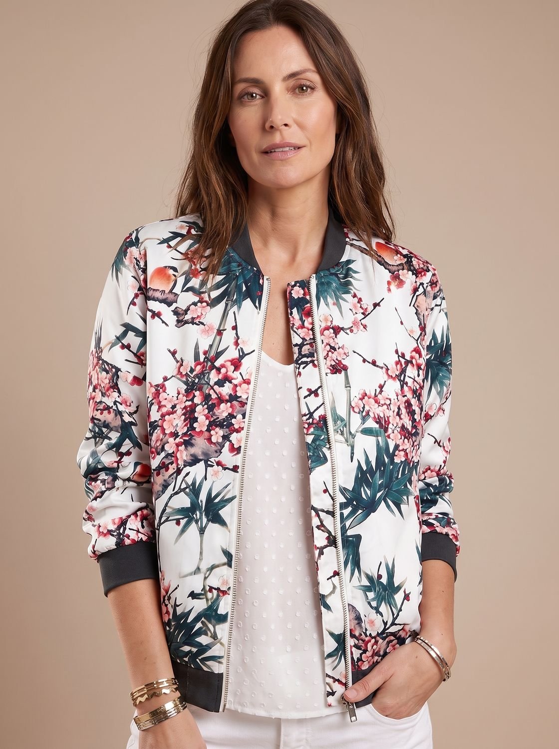 Women's Cherry Blossom Print Full-Zip Bomber Jacket – Off White