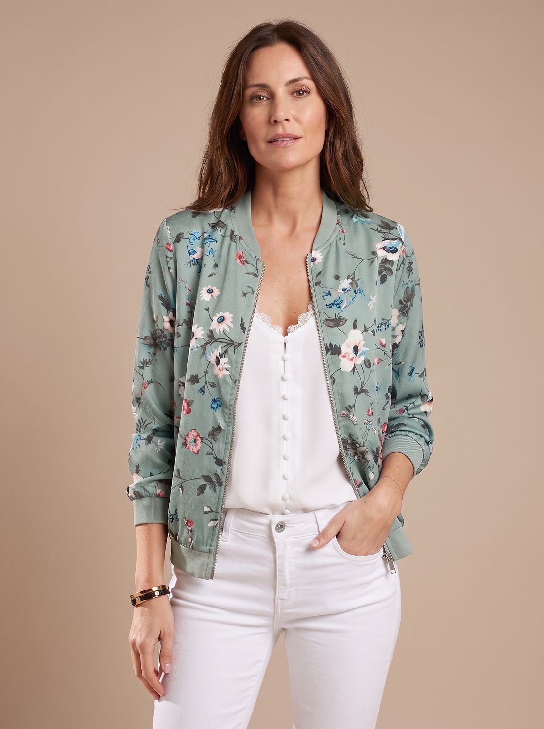Women's Cherry Blossom Print Full-Zip Bomber Jacket – Green