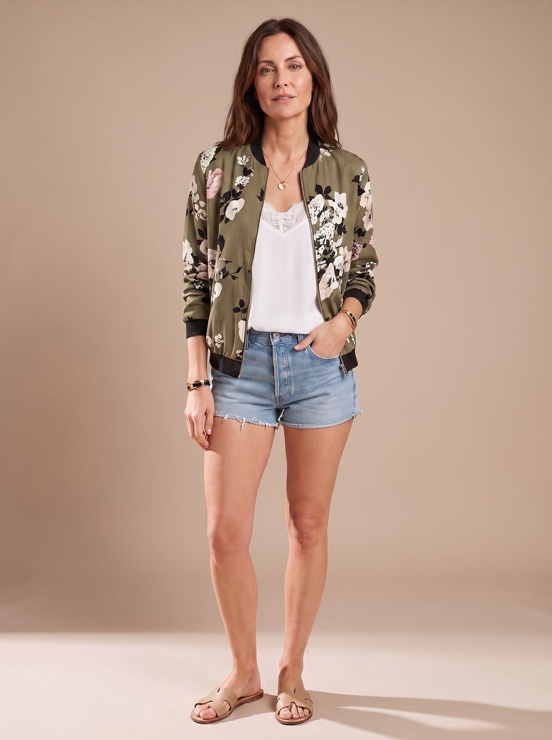 Women's Cherry Blossom Print Full-Zip Bomber Jacket – Army Green