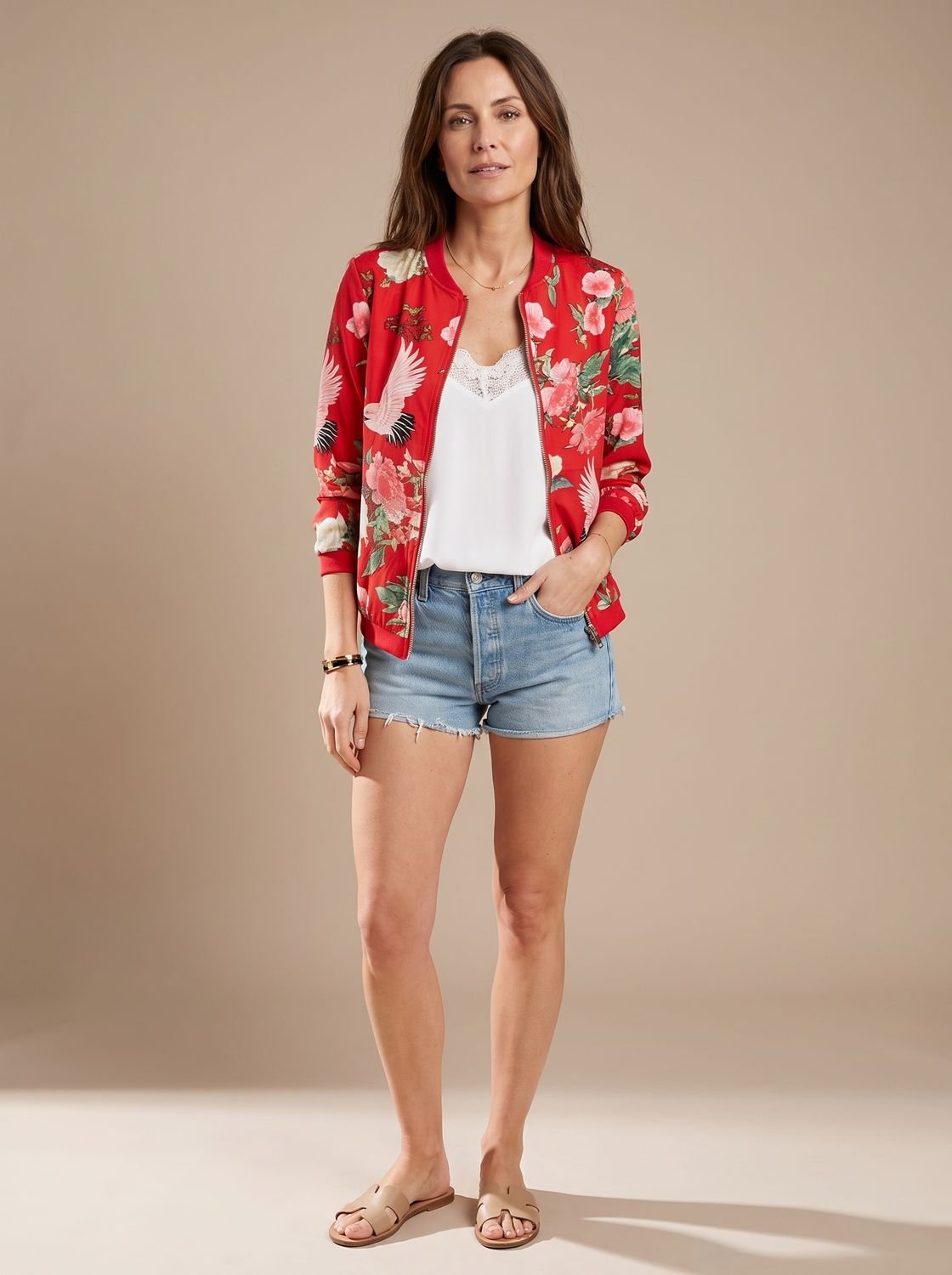 Women's Cherry Blossom Print Full-Zip Bomber Jacket – White