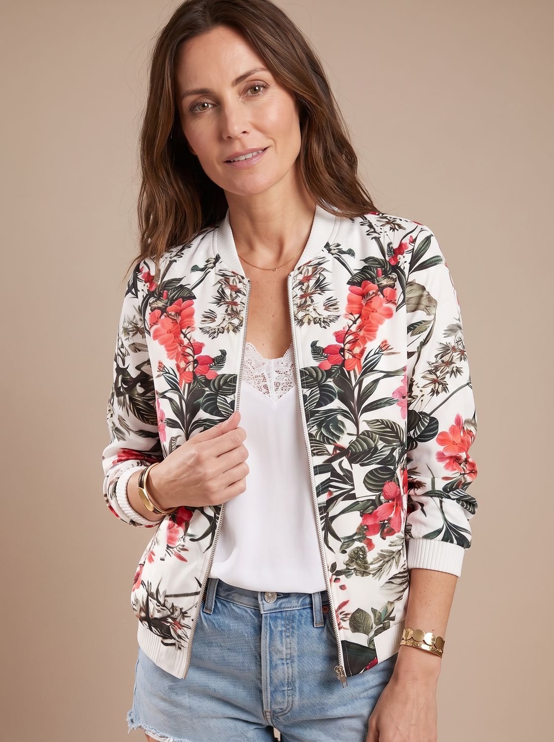 Women's Cherry Blossom Print Full-Zip Bomber Jacket – Red