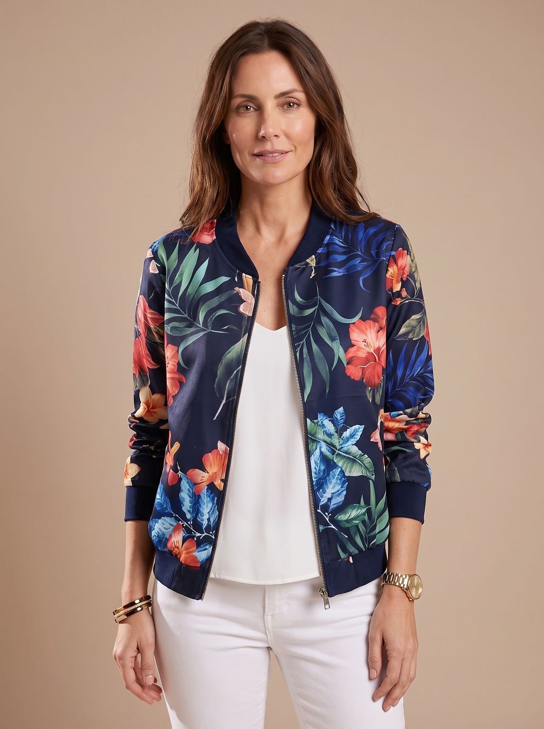 Women's Cherry Blossom Print Full-Zip Bomber Jacket – Blue