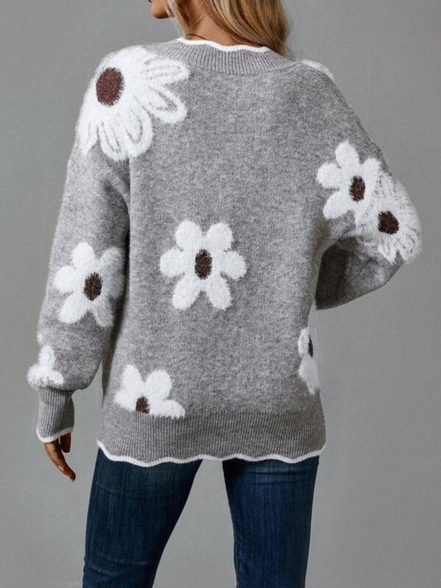 Women's Textured Flower-Print V-Neckline Knit Pullover – view 2