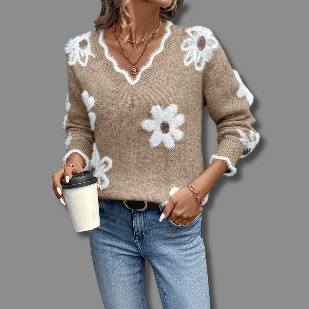 Women's Textured Flower-Print V-Neckline Knit Pullover – Khaki