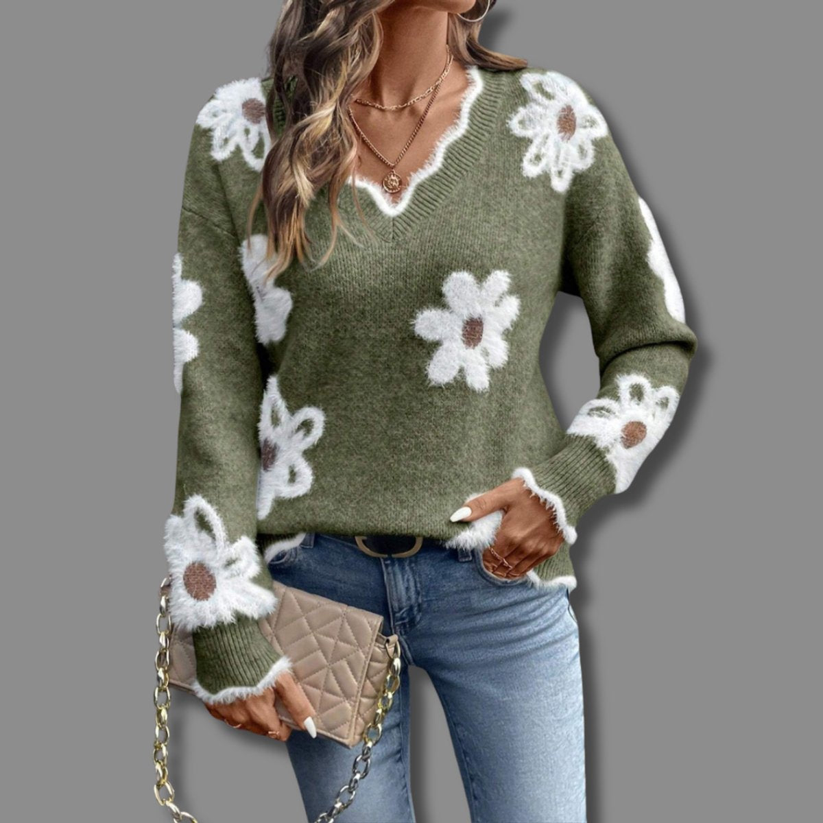 Women's Textured Flower-Print V-Neckline Knit Pullover – Green