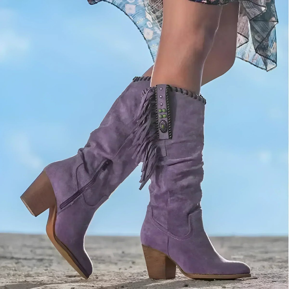 Women's Suede-Finish Western Knee High Boots – Purple