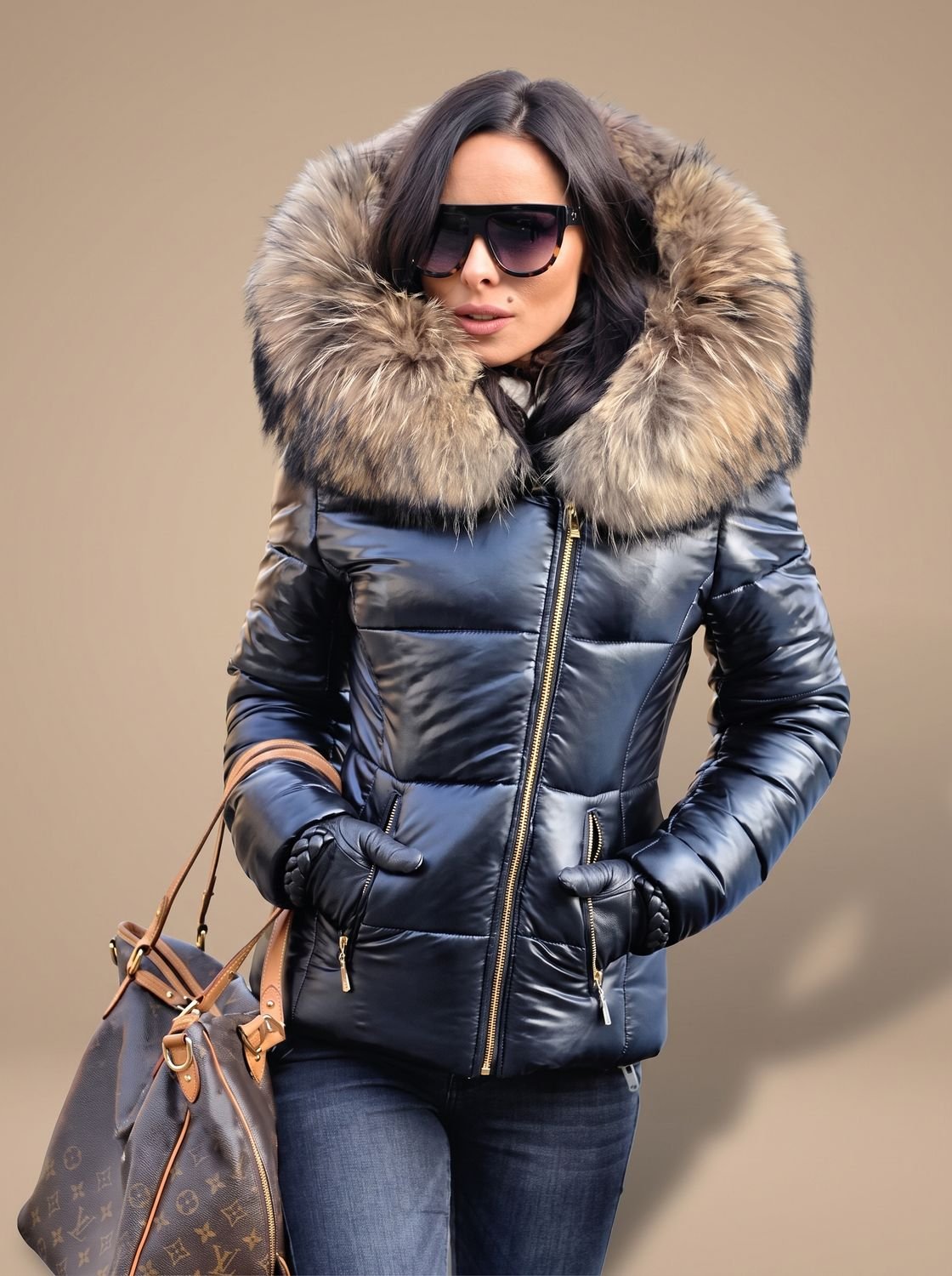 Women's Fur-Trim Hood Tailored Padded Puffer Coat – Black