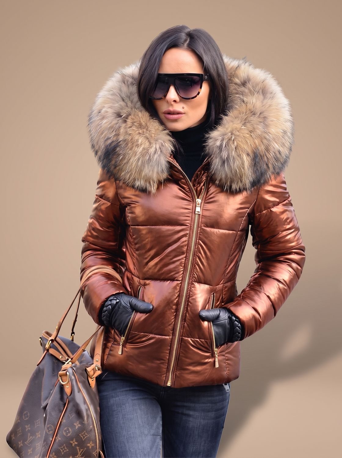 Women's Fur-Trim Hood Tailored Padded Puffer Coat – Dark Brown