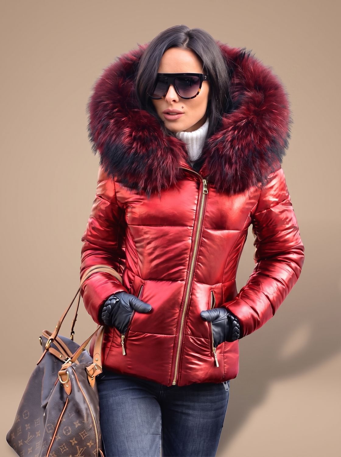 Women's Fur-Trim Hood Tailored Padded Puffer Coat – Red