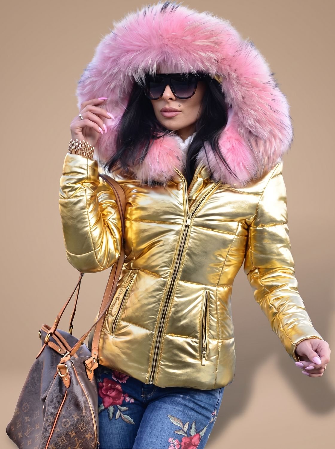 Women's Fur-Trim Hood Tailored Padded Puffer Coat – Gold