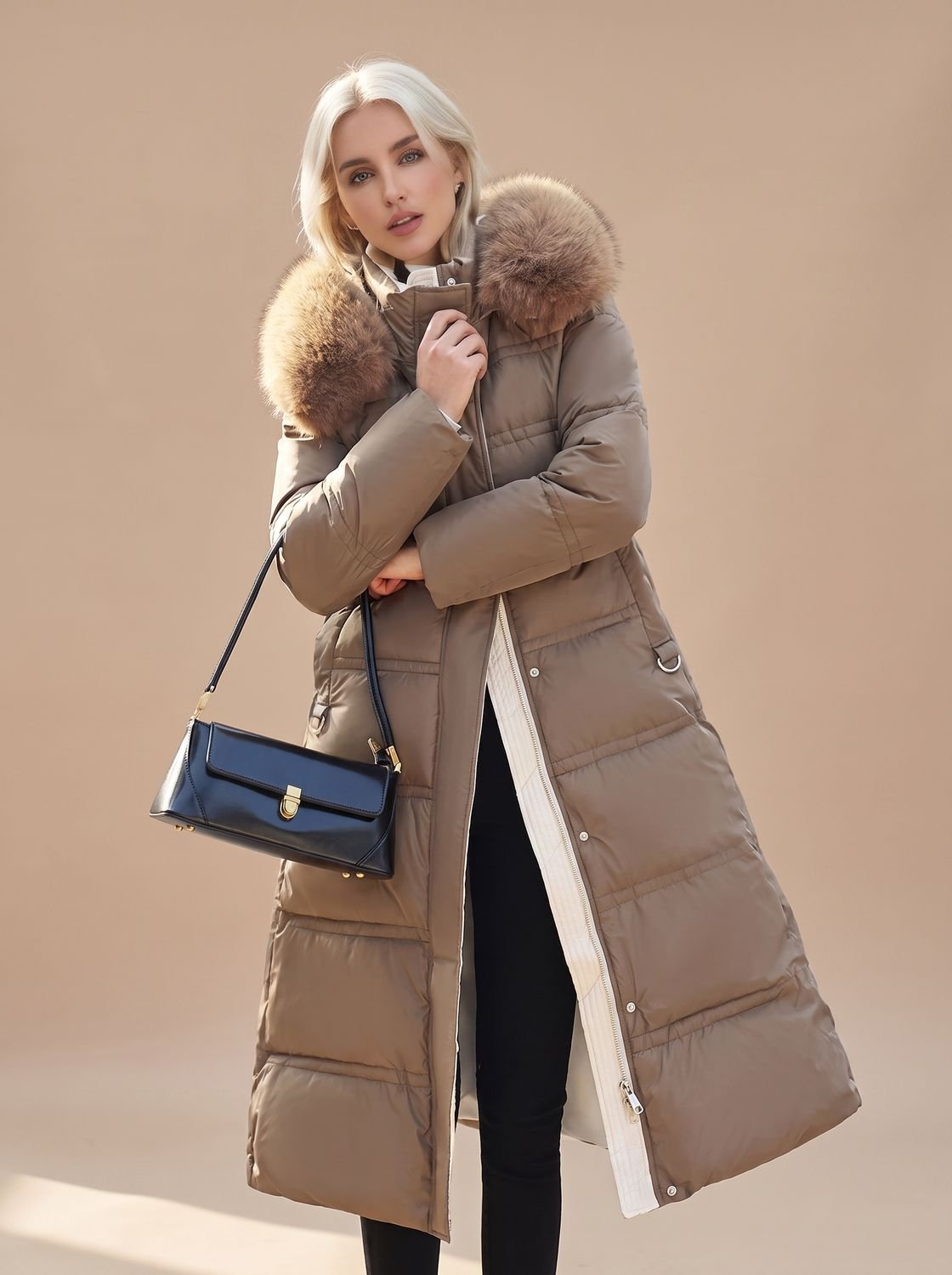 Women's Mid-Calf Full-Zip Puffer Coat with Faux Fur Hood – Coffee