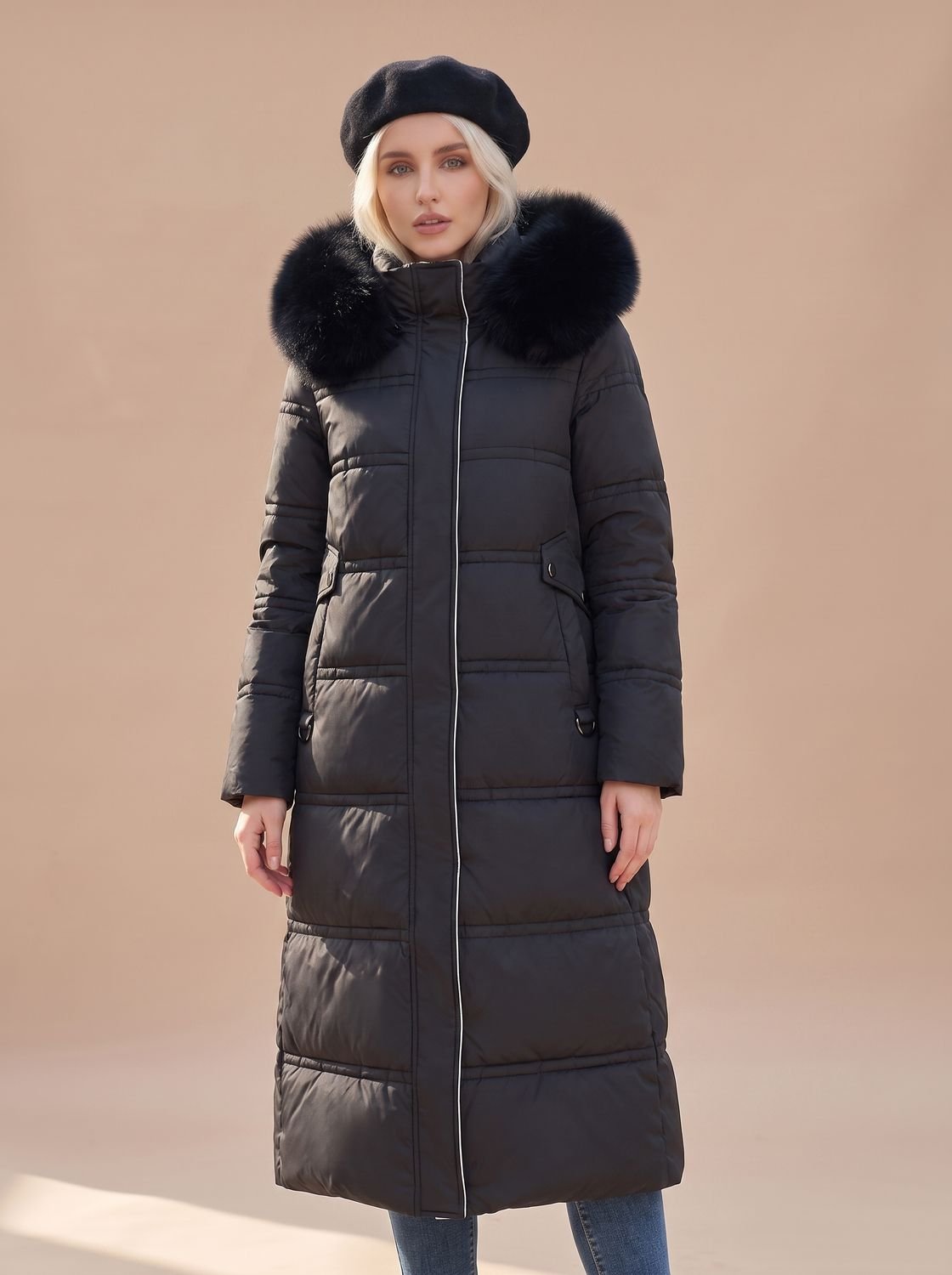 Women's Mid-Calf Full-Zip Puffer Coat with Faux Fur Hood – Black