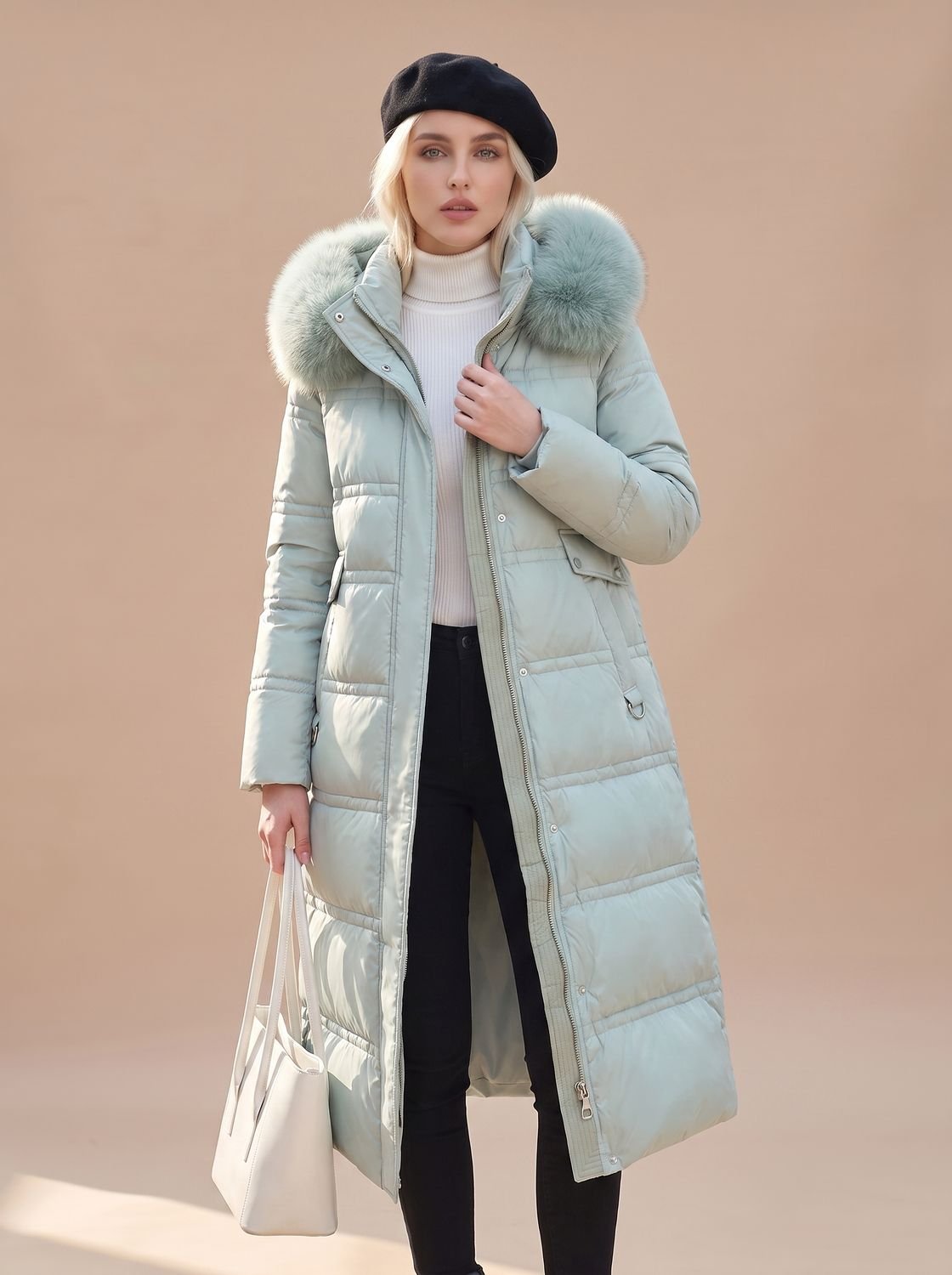 Women's Mid-Calf Full-Zip Puffer Coat with Faux Fur Hood – Blue