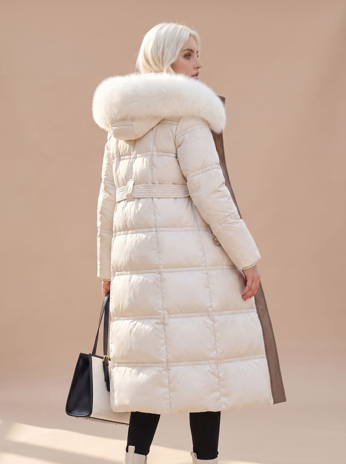 Women's Mid-Calf Full-Zip Puffer Coat with Faux Fur Hood – White