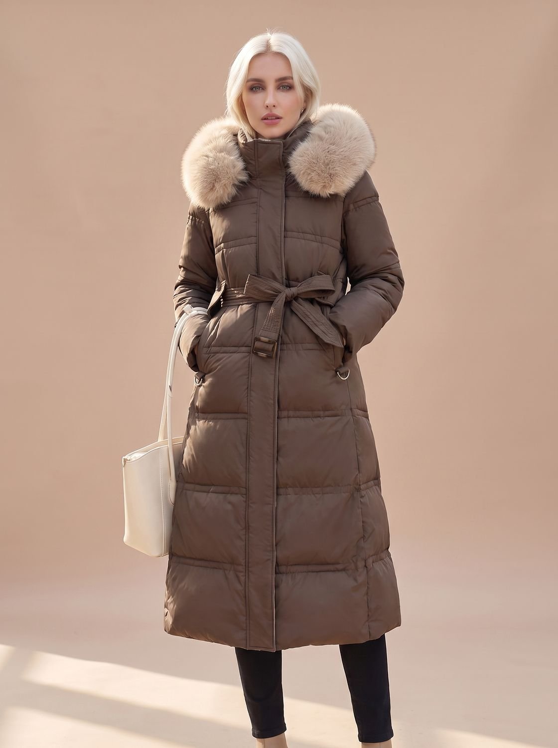 Women's Belt-Detail Mid-Calf Puffer Coat – Coffee